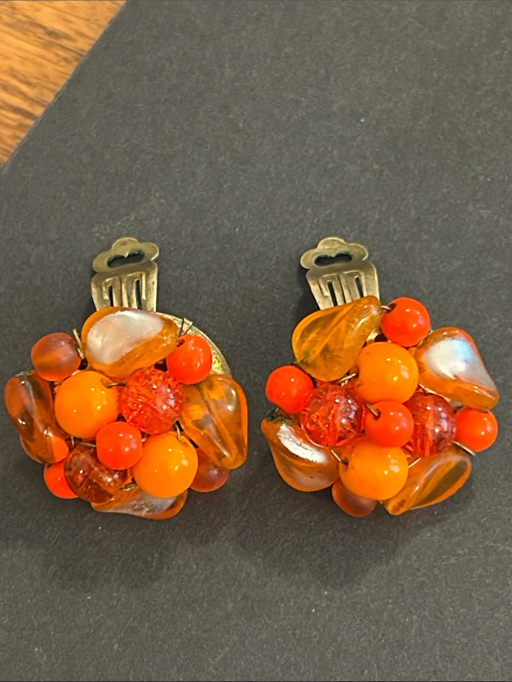 Vintage Cluster Clip-On Earrings - Orange & Amber Tones